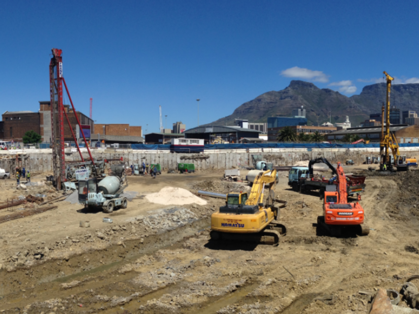 Installing concrete sheet piled wall, anchors, odex piles, franki piles and auger piles at V & A waterfront